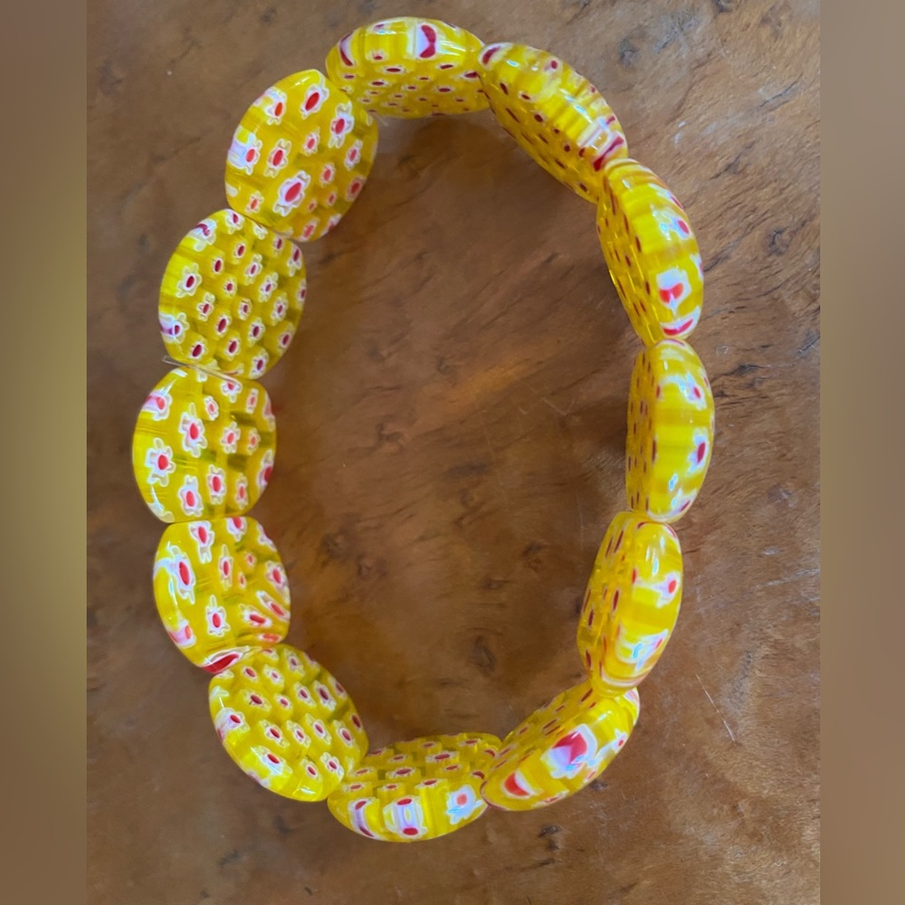 Enamel Yellow w/Tiny Flowers on Double Elastic Vintage 8" Bracelet - Picture 5 of 5